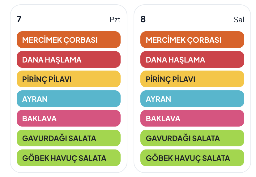 PORCEON menü ekranı: pazartesi ve salı günlerine ait yemek listeleri